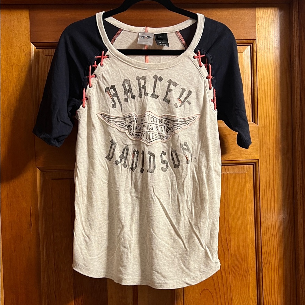 Harley-Davidson Navy and Beige Lace-Up Tee